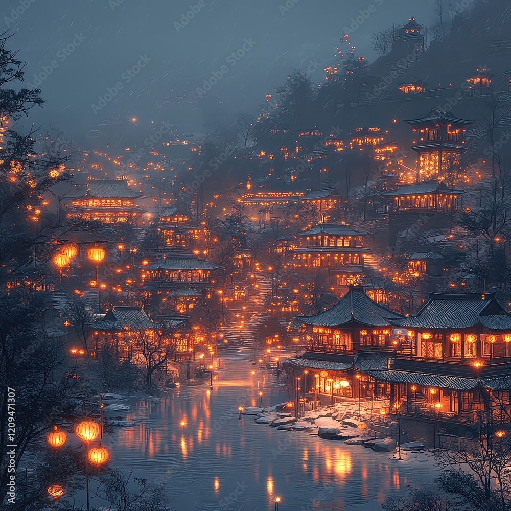 Obraz premium Serene Evening in Lantern-Lit Asian Village by Tranquil Waterway