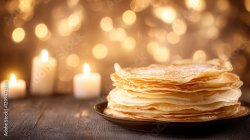 French pancakes crepes for Candlemas with candles in background photo