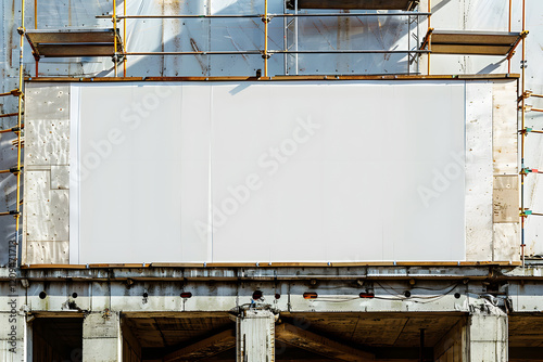 Long blank hoarding for an advert mockup on a construction site, set under an unfinished building with scaffolding. Generative Ai.