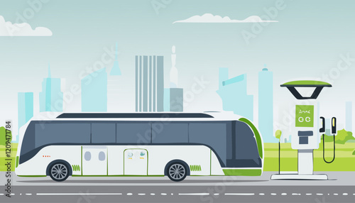 Bus on the road. Vector illustration in flat cartoon style. Buses transportation city landscape.