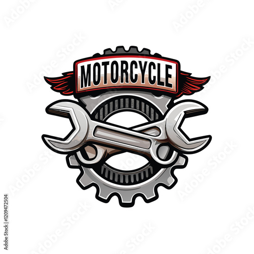 Create a sleek and modern motorcycle badge logo featuring a stylized gear and wrench intertwined, conveying speed, power, and precision.