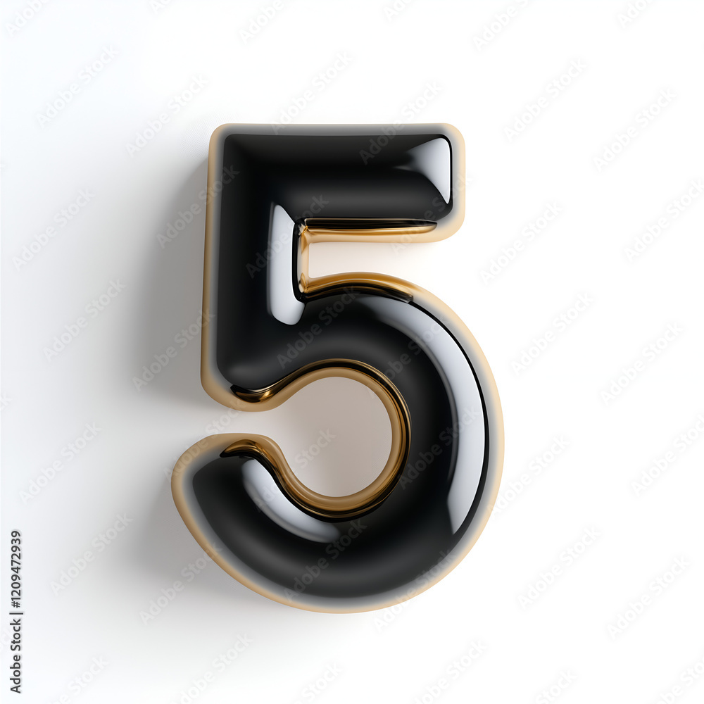 A shiny black number five with a golden outline, presented on a white background, ideal for decor or design elements. A shiny black number five with a golden outline, presented on a white background, ideal for decor or design elements.