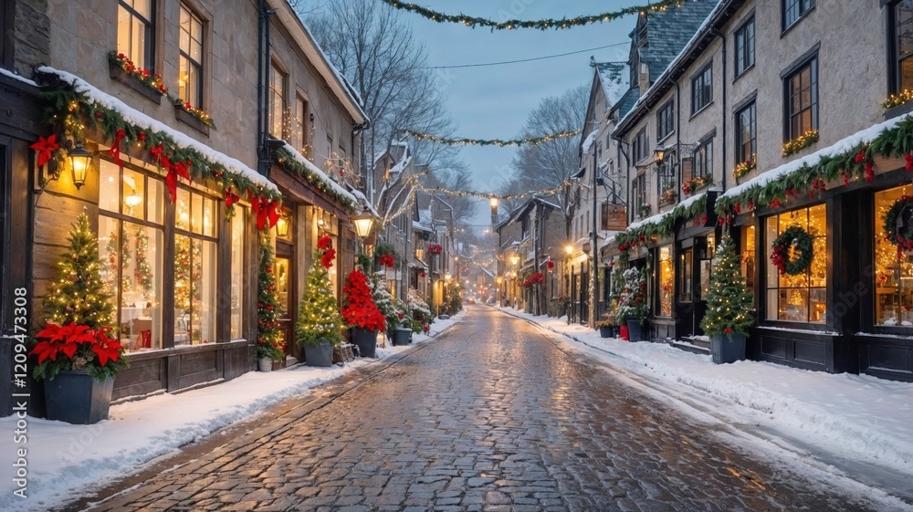 Fototapeta premium snowy street decorated for Christmas with twinkling lights, wreaths, and festive trees. The cobblestone path and festive decorations create a magical winter holiday atmosphere