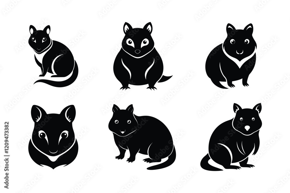 Quokka (Setonix brachyurus) mammal animal, labeled silhouette vector art illustration. Quokka (Setonix brachyurus) mammal animal, labeled silhouette vector art illustration.