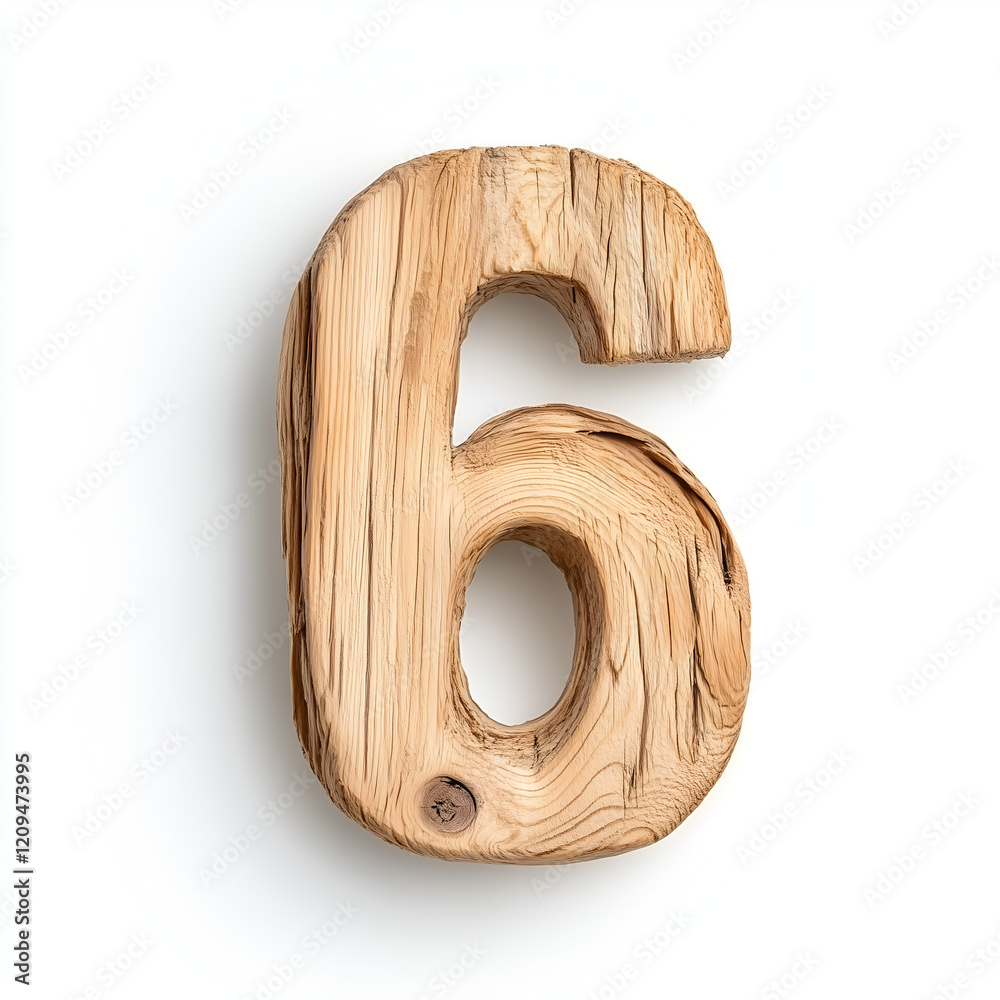 A rustic wooden number six with a natural texture and grain, showcasing its organic look against a plain background. A rustic wooden number six with a natural texture and grain, showcasing its organic look against a plain background.