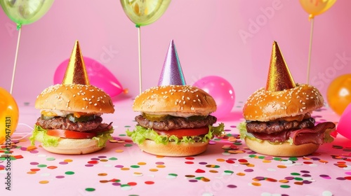 Festive birthday burgers with balloons, confetti