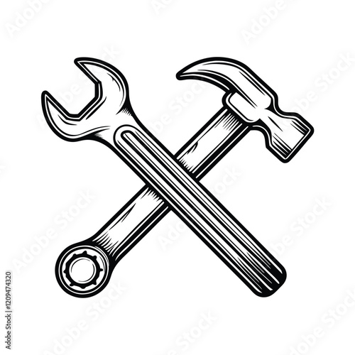 A stylized, minimalist illustration of a wrench and hammer crossed, with geometric patterns forming a 'pr' within the crossing. photo