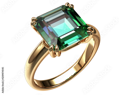 stunning ring featuring emerald cut gemstone, beautifully set in gold band, showcasing elegance and sophistication. Perfect for special occasions or as statement piece