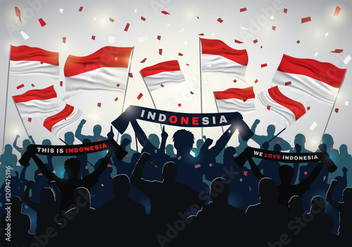 Silhouettes Crowd of People Indonesian Waving Indonesia Flag