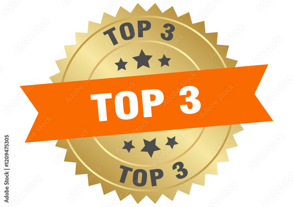 top 3. top 3 round orange and gold label isolated on transparent background top 3. top 3 round orange and gold label isolated on transparent background