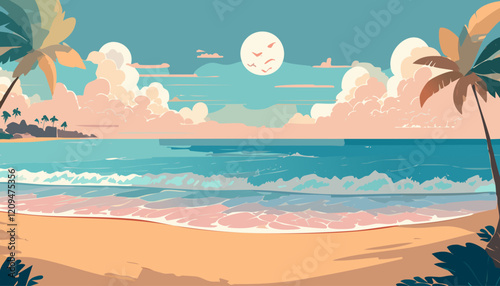 Vector illustration of sea beach in flat style. Summer holiday background.