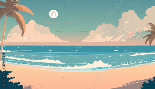 Illustration of a beach with palm trees and a full moon.