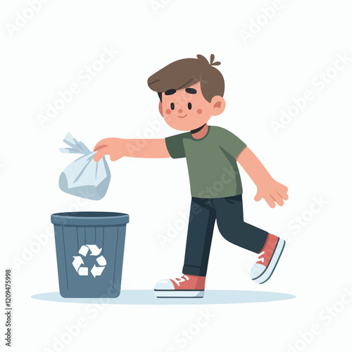 Boy Recycling Plastic Bag into a Recycling Bin