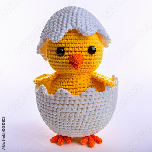 Crochet chick and eggshell, isolated on white background