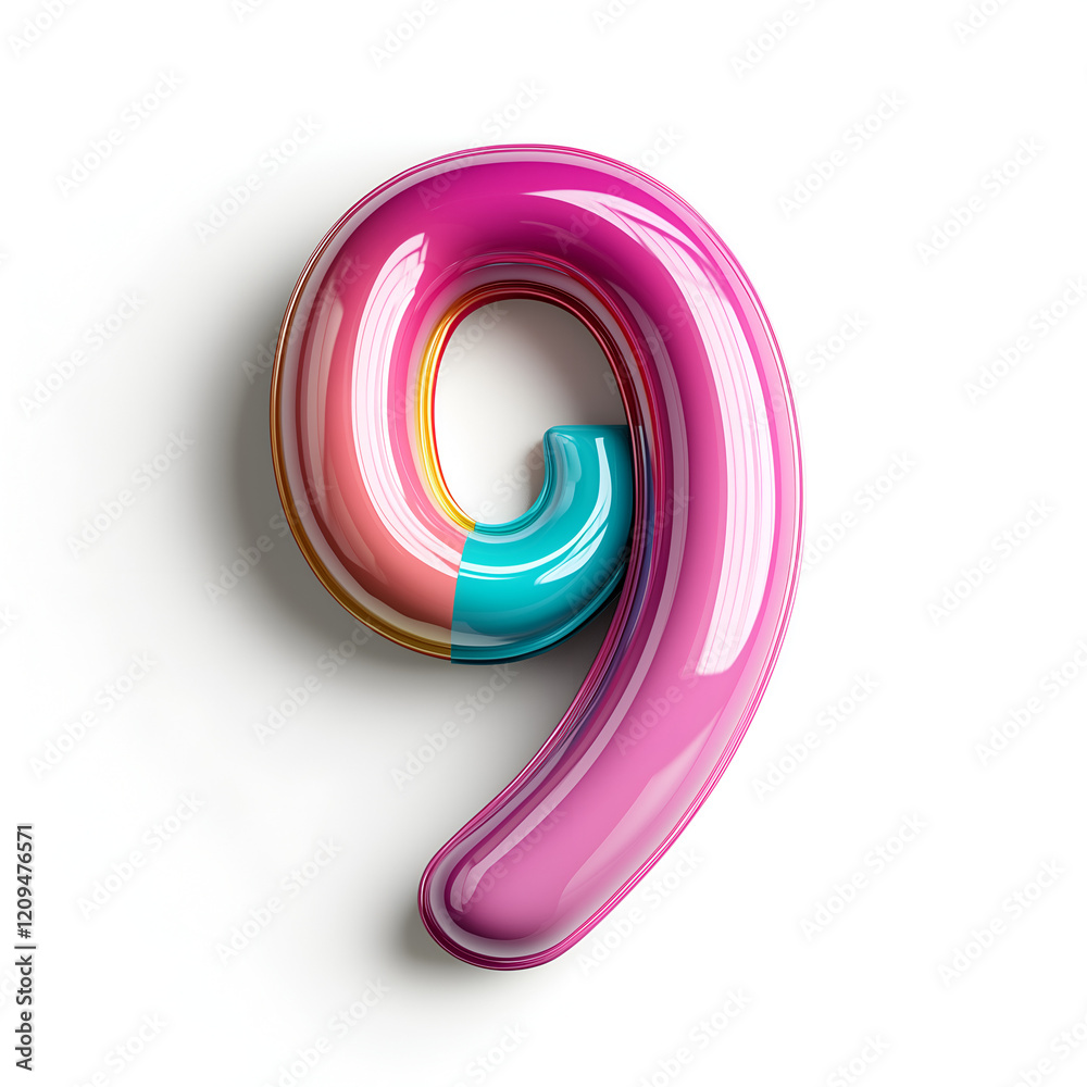 A vibrant, glossy number nine design featuring playful colors like pink and turquoise, creating a modern and stylish visual element.