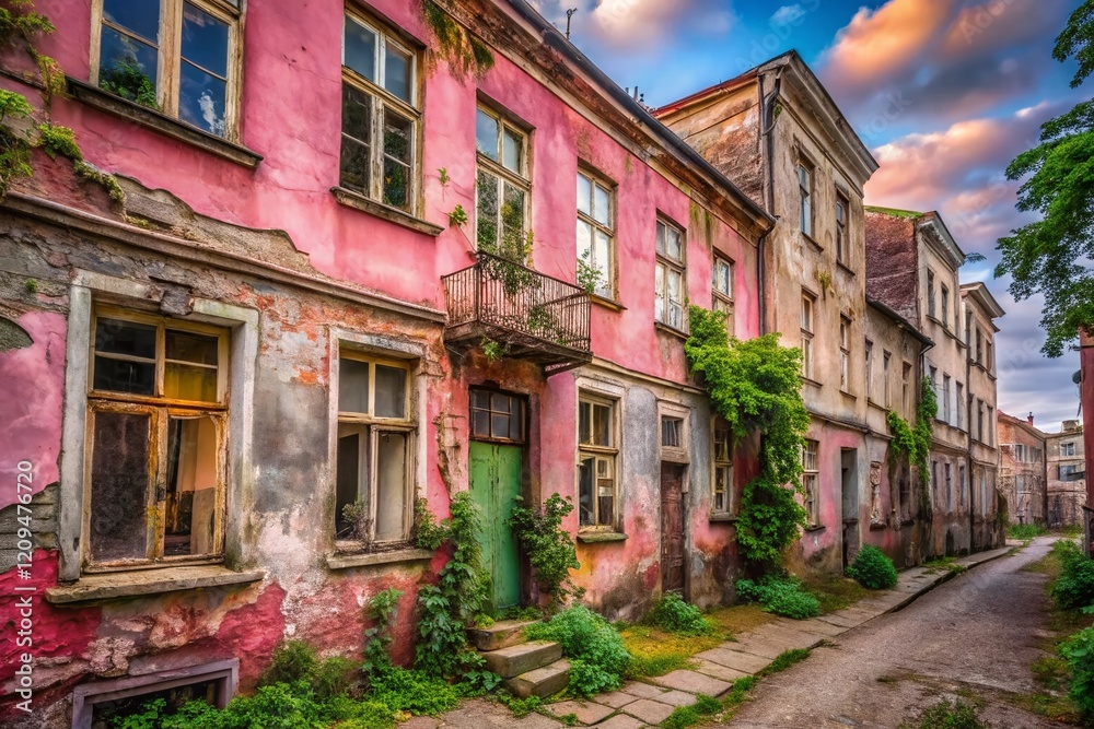 Naklejka premium Abandoned Pink Buildings, Tallinn, Estonia - Old European Architecture Stock Photo