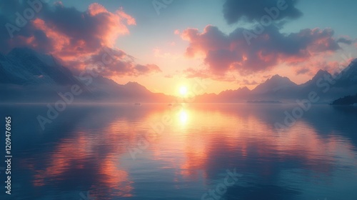 Serene sunset over tranquil lake surrounded by majestic mountains and colorful clouds