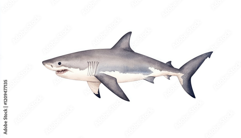 Naklejka premium Realistic illustration of a great white shark swimming in a clear ocean, showcasing marine life