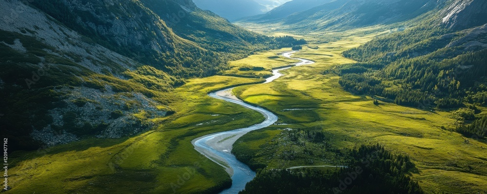 Scenic aerial view of a mountain valley with a river winding through. Scenic aerial view of a mountain valley with a river winding through.