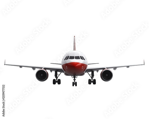 commercial airplane with red and white design, isolated on transparency background, showcasing its front view and details