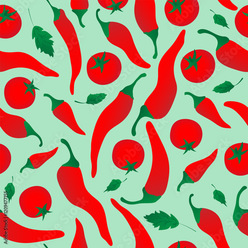 Seamless pattern with red chili pepper and tomato on green background. Design for fabric, kitchen decor, wallpaper packaging paper.