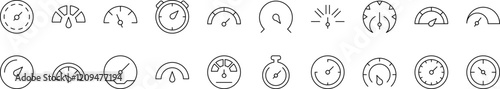 Speedometer Line Icon Pack. Outline Signs for Graphic and Web Design, Apps, Adverts, Various Cards