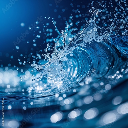 Dynamic splash of clear water against a deep blue backdrop. The wave crests and droplets create a sense of motion and energy. 