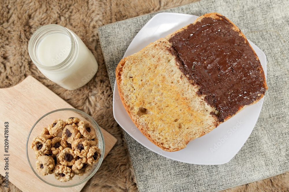 Bread with chocolate spread filling, milk and snack for breakfast
Bread with chocolate spread filling, milk and snack for breakfast
