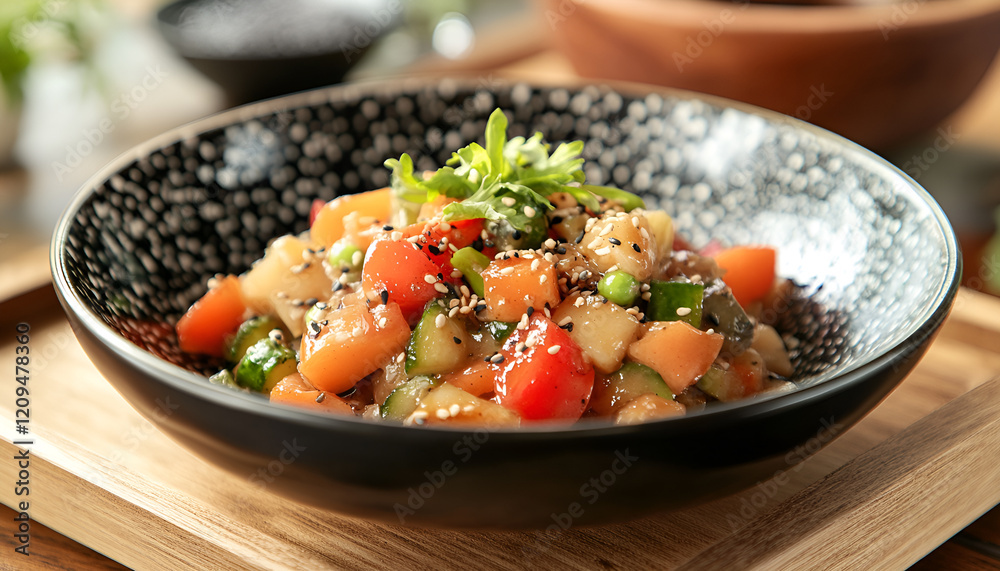 Tasty vegetable salad with soy sauce served on wooden table, closeup Tasty vegetable salad with soy sauce served on wooden table, closeup