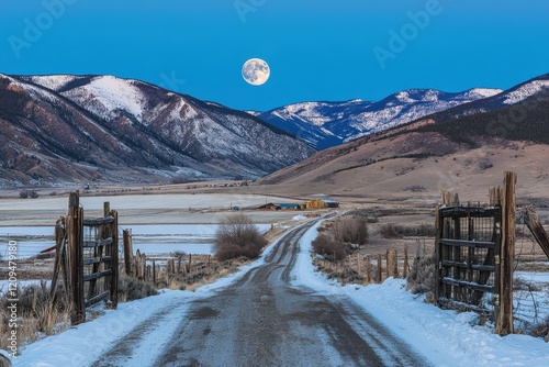 Serene Winter Landscape with Full Moon Over Majestic Mountains and Snow-Covered Road at Dusk photo