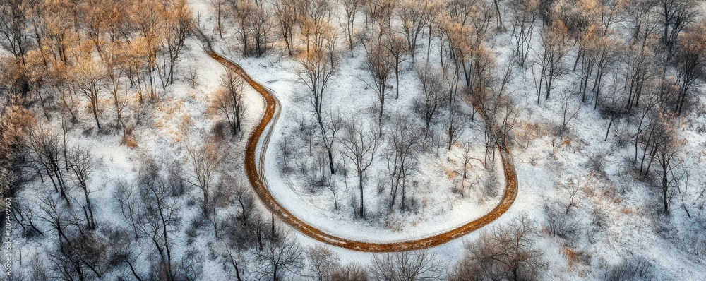 Scenic aerial view of a snowy forest with a winding path, winter serenity. Scenic aerial view of a snowy forest with a winding path, winter serenity.