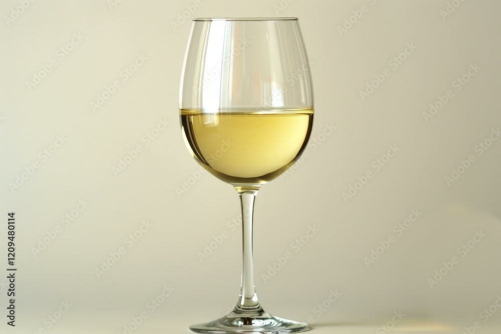 Studio shot of transparent glass containing white wine, illuminated from behind on a light beige background Studio shot of transparent glass containing white wine, illuminated from behind on a light beige background