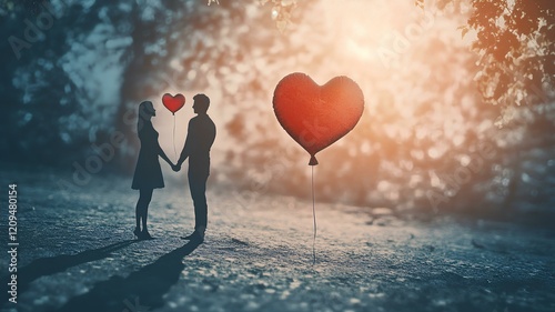 couple in love holding hands and heart sahape ballon photo