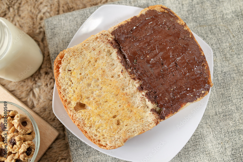 Bread with chocolate spread filling, milk and snack for breakfast
Bread with chocolate spread filling, milk and snack for breakfast