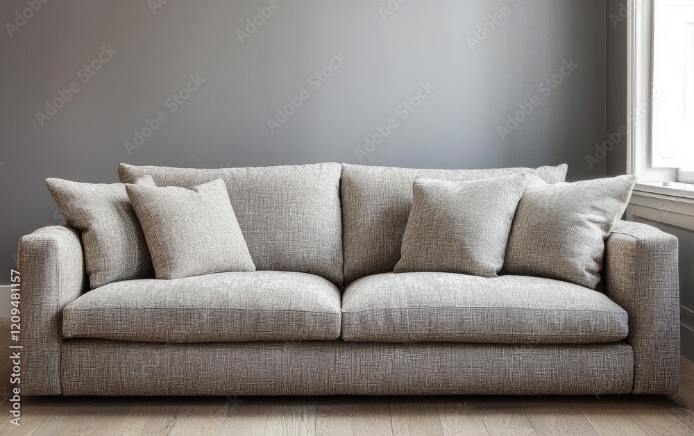 A chic beige sofa with textured fabric in a minimalist interior with soft gray walls and wooden flooring A chic beige sofa with textured fabric in a minimalist interior with soft gray walls and wooden flooring