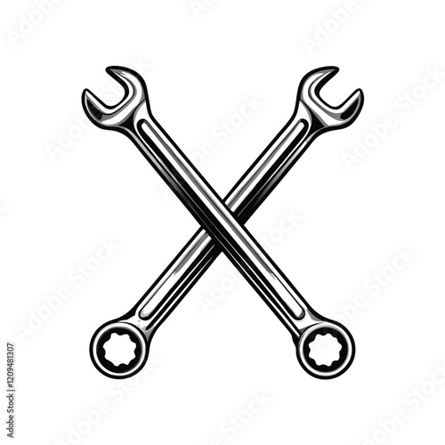 Two crossed wrenches form a stylized motorcycle silhouette, a unique visual metaphor for mechanical repair and the thrill of riding.