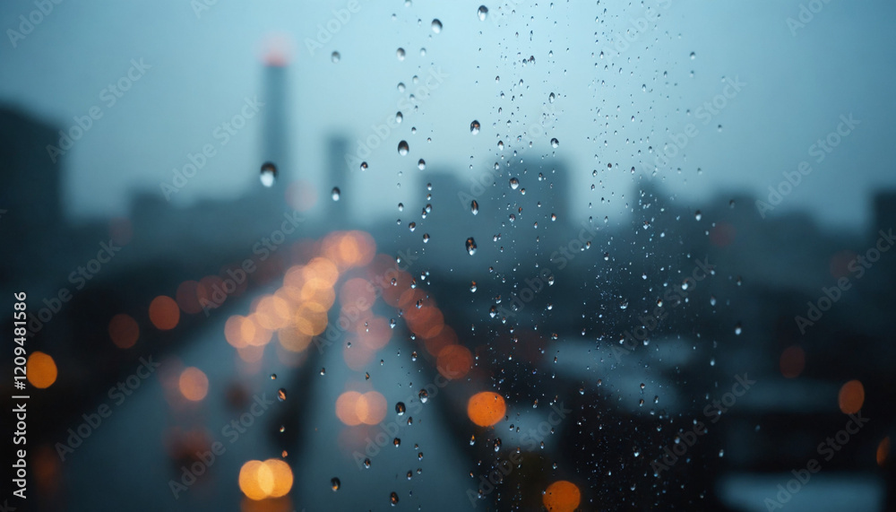Obraz premium Rain droplets on window glass with blurred cityscape and lights in the background