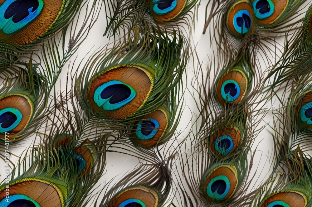 Obraz premium A mesmerizing arrangement of vibrant peacock feathers their iridescent eyespots creating a captivating pattern against a muted background