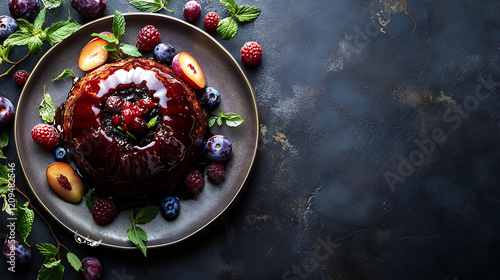 Wallpaper Mural beautifully plated plum pudding with a smooth glossy glaze, surrounded by fresh fruit and mint leaves Torontodigital.ca