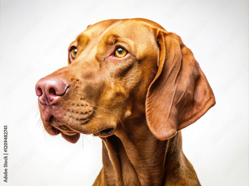 Side view studio portrait of a charming Hungarian Vizsla puppy. White background, canine perfection. Side view studio portrait of a charming Hungarian Vizsla puppy. White background, canine perfection.