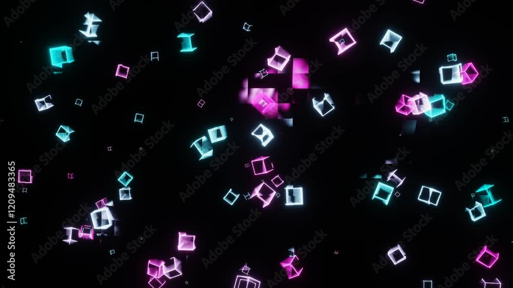 abstract background. moving neon purple and blue glowing cube frames. 3d render looped animation abstract background. moving neon purple and blue glowing cube frames. 3d render looped animation