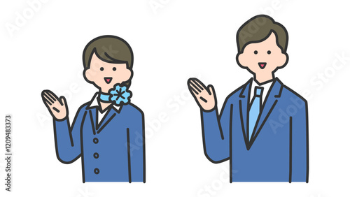  手で指し示す、フォーマルなスーツ姿の男性と女性　カラフル