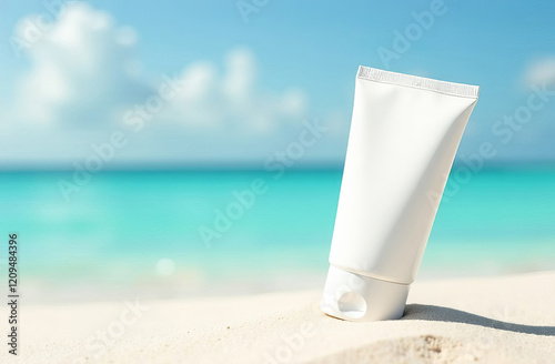 White cosmetics cream tube without labels, tube stays on sand , blurred Maldives beach on background, mockup, copy space.