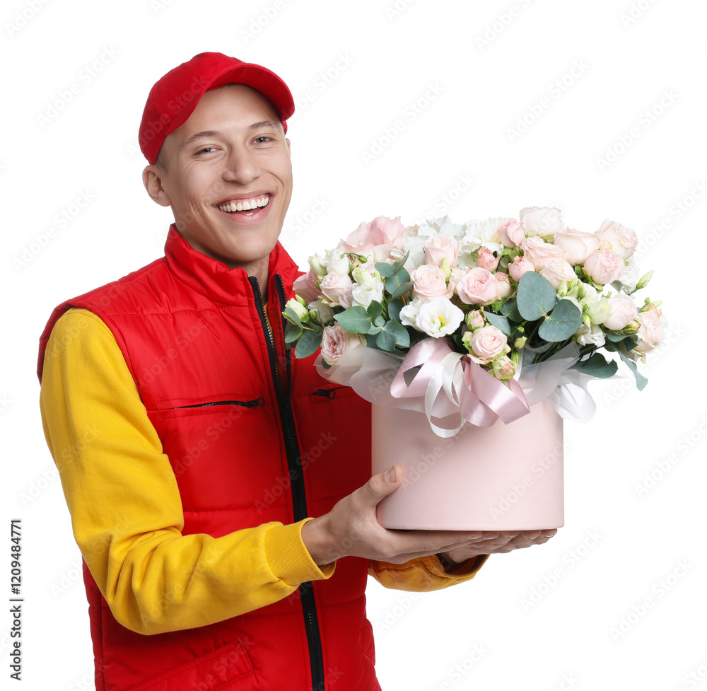 Smiling delivery man holding gift box with beautiful floral composition on white background Smiling delivery man holding gift box with beautiful floral composition on white background