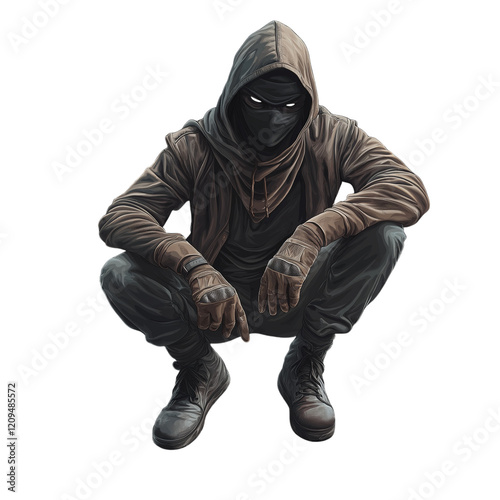 A masked vigilante crouching on a rooftop with a city skyline in the background, isolated on a white background.