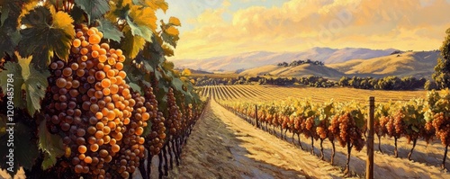 Morning sunlight illuminating ripe grapes on a vine, with rows of vineyards stretching into the distance, capturing the essence of a fruitful harvest in a tranquil countryside