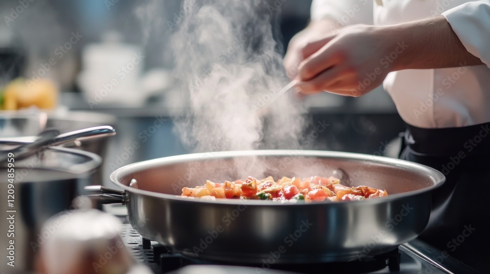 Chef Seasoning Steaming Dish in Kitchen Chef Seasoning Steaming Dish in Kitchen