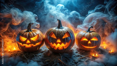 Smoky Halloween night, fiery pumpkins glow menacingly from above, eyes ablaze.