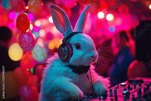 A bunny rabbit wearing headphones in Easter themed party.