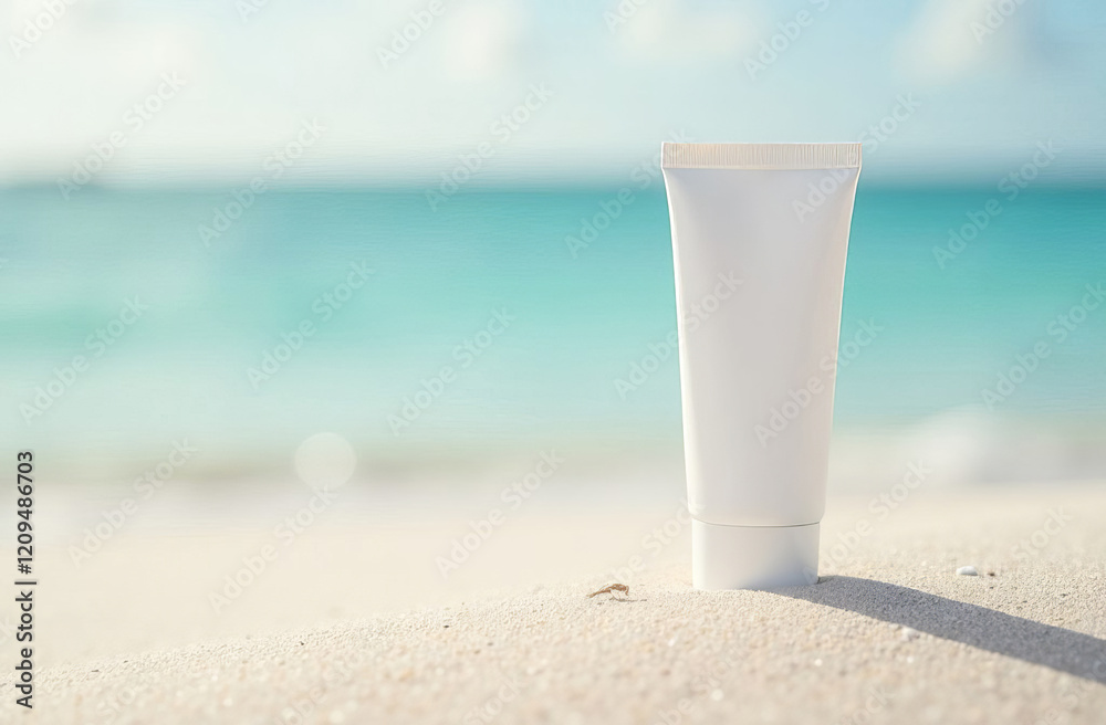 White cosmetics cream tube without labels, tube stays on sand , blurred Maldives beach on background, mockup, copy space. White cosmetics cream tube without labels, tube stays on sand , blurred Maldives beach on background, mockup, copy space.